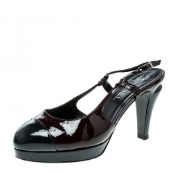 مملوكة مسبقًا صندل شانيل فتحة كعب نعل سميك غطاء مقدمة جلد لامع لونين مقاس 37.5