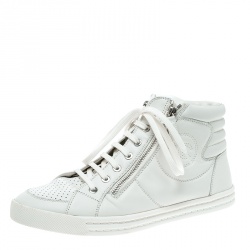 Pre Owned Chanel White Leather CC High Top Sneakers Size 39.5