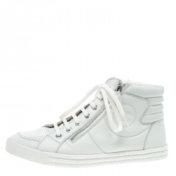 Pre Owned Chanel White Leather CC High Top Sneakers Size 39.5