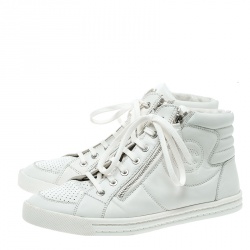 Pre Owned Chanel White Leather CC High Top Sneakers Size 39.5