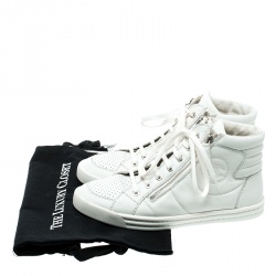 Pre Owned Chanel White Leather CC High Top Sneakers Size 39.5