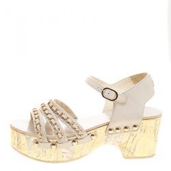 Chanel White Leather Chain Detail Ankle Strap Platform Sandals Size 37