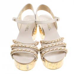 Chanel White Leather Chain Detail Ankle Strap Platform Sandals Size 37