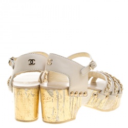 Chanel White Leather Chain Detail Ankle Strap Platform Sandals Size 37