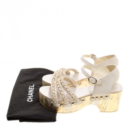 Chanel White Leather Chain Detail Ankle Strap Platform Sandals Size 37