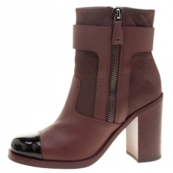 Chanel Burgundy Quilted Leather Cap Toe Block Heel Ankle Boots Size 38