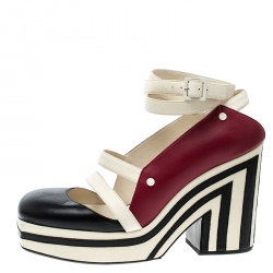 مملوكة مسبقًا صندل شانيل نعل سميك ملتف كاحل مقدمة مفتوحة جلد ثلاثي اللون مقاس 39.5