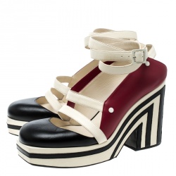 مملوكة مسبقًا صندل شانيل نعل سميك ملتف كاحل مقدمة مفتوحة جلد ثلاثي اللون مقاس 39.5