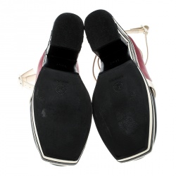 مملوكة مسبقًا صندل شانيل نعل سميك ملتف كاحل مقدمة مفتوحة جلد ثلاثي اللون مقاس 39.5