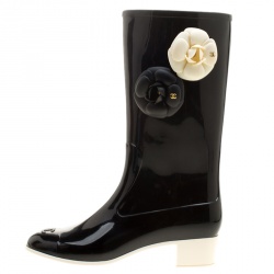 Chanel Black Rubber Camellia Embellished CC Rain Boots Size 39