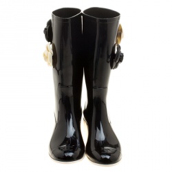 Chanel Black Rubber Camellia Embellished CC Rain Boots Size 39