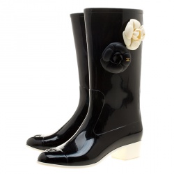 Chanel Black Rubber Camellia Embellished CC Rain Boots Size 39