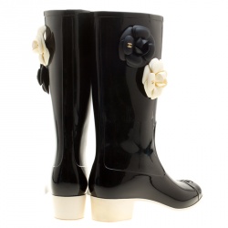 Chanel Black Rubber Camellia Embellished CC Rain Boots Size 39