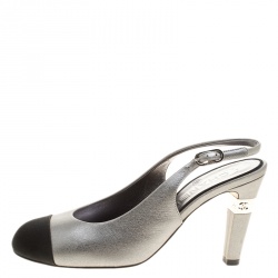 Pre Owned Chanel Two Tone Leather Cap Toe Slingback Sandals Size 37