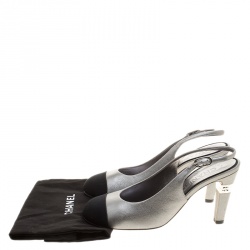 Pre Owned Chanel Two Tone Leather Cap Toe Slingback Sandals Size 37