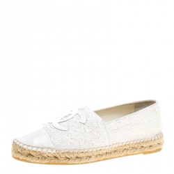 Pre Owned Chanel White Sequins and Patent Leather CC Espadrilles Size 37