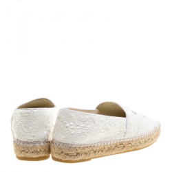 Pre Owned Chanel White Sequins and Patent Leather CC Espadrilles Size 37