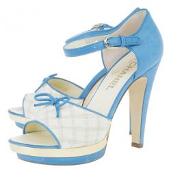 مملوكة مسبقًا Chanel Blue and Cream Leather Ankle Strap Sandals Size 39