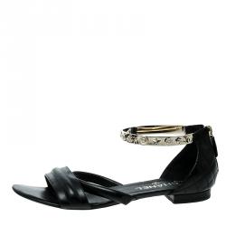 Pre Owned Chanel Black Quilted Leather Charm Embellished Sandals Size 39.5