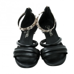 Pre Owned Chanel Black Quilted Leather Charm Embellished Sandals Size 39.5
