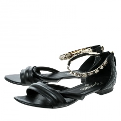 Pre Owned Chanel Black Quilted Leather Charm Embellished Sandals Size 39.5