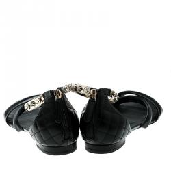Pre Owned Chanel Black Quilted Leather Charm Embellished Sandals Size 39.5