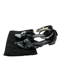 Pre Owned Chanel Black Quilted Leather Charm Embellished Sandals Size 39.5