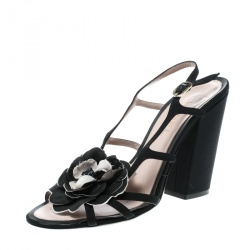 Chanel Black Satin Flower Embellished Peep Toe Block Heel Slingback Sandals Size 39.5