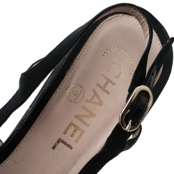 Chanel Black Satin Flower Embellished Peep Toe Block Heel Slingback Sandals Size 39.5