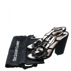 Chanel Black Satin Flower Embellished Peep Toe Block Heel Slingback Sandals Size 39.5