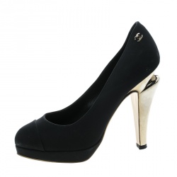 Pre Owned حذاء كعب عالي شانيل ساتان أسود نعل سميك مقاس 36.5