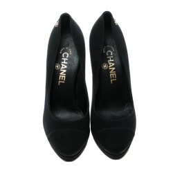 Pre Owned حذاء كعب عالي شانيل ساتان أسود نعل سميك مقاس 36.5