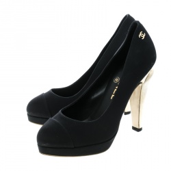 Pre Owned حذاء كعب عالي شانيل ساتان أسود نعل سميك مقاس 36.5