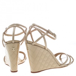 Chanel Beige Patent Leather Ankle Strap Quilted Wedge Open Toe Sandals Size 42