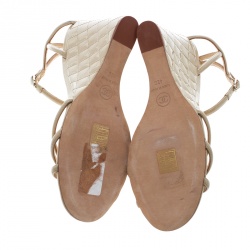 Chanel Beige Patent Leather Ankle Strap Quilted Wedge Open Toe Sandals Size 42