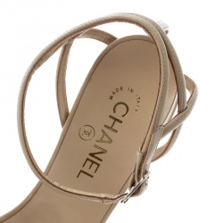 Chanel Beige Patent Leather Ankle Strap Quilted Wedge Open Toe Sandals Size 42
