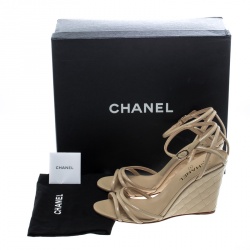 Chanel Beige Patent Leather Ankle Strap Quilted Wedge Open Toe Sandals Size 42