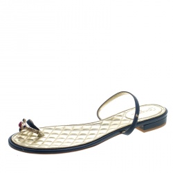 Chanel Blue Leather Enamel Embellished Toe Ring Flat Sandals Size 41