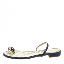 Chanel Blue Leather Enamel Embellished Toe Ring Flat Sandals Size 41