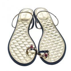 Chanel Blue Leather Enamel Embellished Toe Ring Flat Sandals Size 41