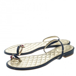 Chanel Blue Leather Enamel Embellished Toe Ring Flat Sandals Size 41