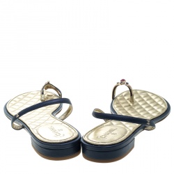 Chanel Blue Leather Enamel Embellished Toe Ring Flat Sandals Size 41