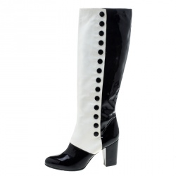 Chanel Monochrome Lambskin And Patent Leather Knee Boots Size 40.5