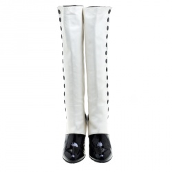 Chanel Monochrome Lambskin And Patent Leather Knee Boots Size 40.5