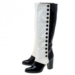 Chanel Monochrome Lambskin And Patent Leather Knee Boots Size 40.5