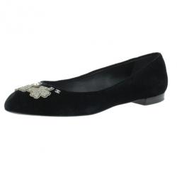 Pre Owned Chanel Black Velvet Crystal Bow Ballet Flats Size 40.5