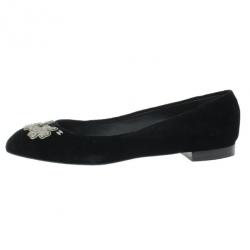 Pre Owned Chanel Black Velvet Crystal Bow Ballet Flats Size 40.5