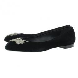 Pre Owned Chanel Black Velvet Crystal Bow Ballet Flats Size 40.5