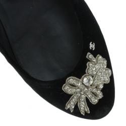 Pre Owned Chanel Black Velvet Crystal Bow Ballet Flats Size 40.5