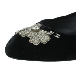 Pre Owned Chanel Black Velvet Crystal Bow Ballet Flats Size 40.5